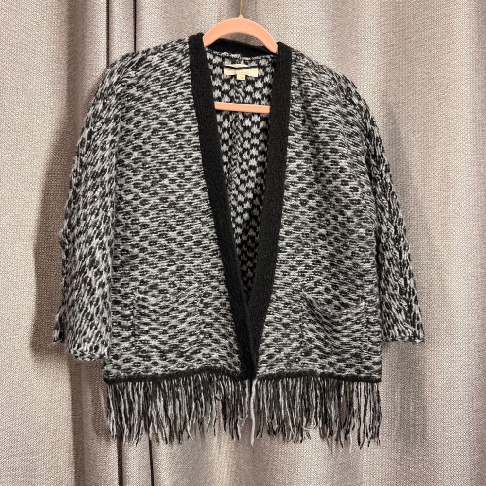 LOFT Cardigan Women Small Black Grey Excellent Fringe Italian Yarn Open Front